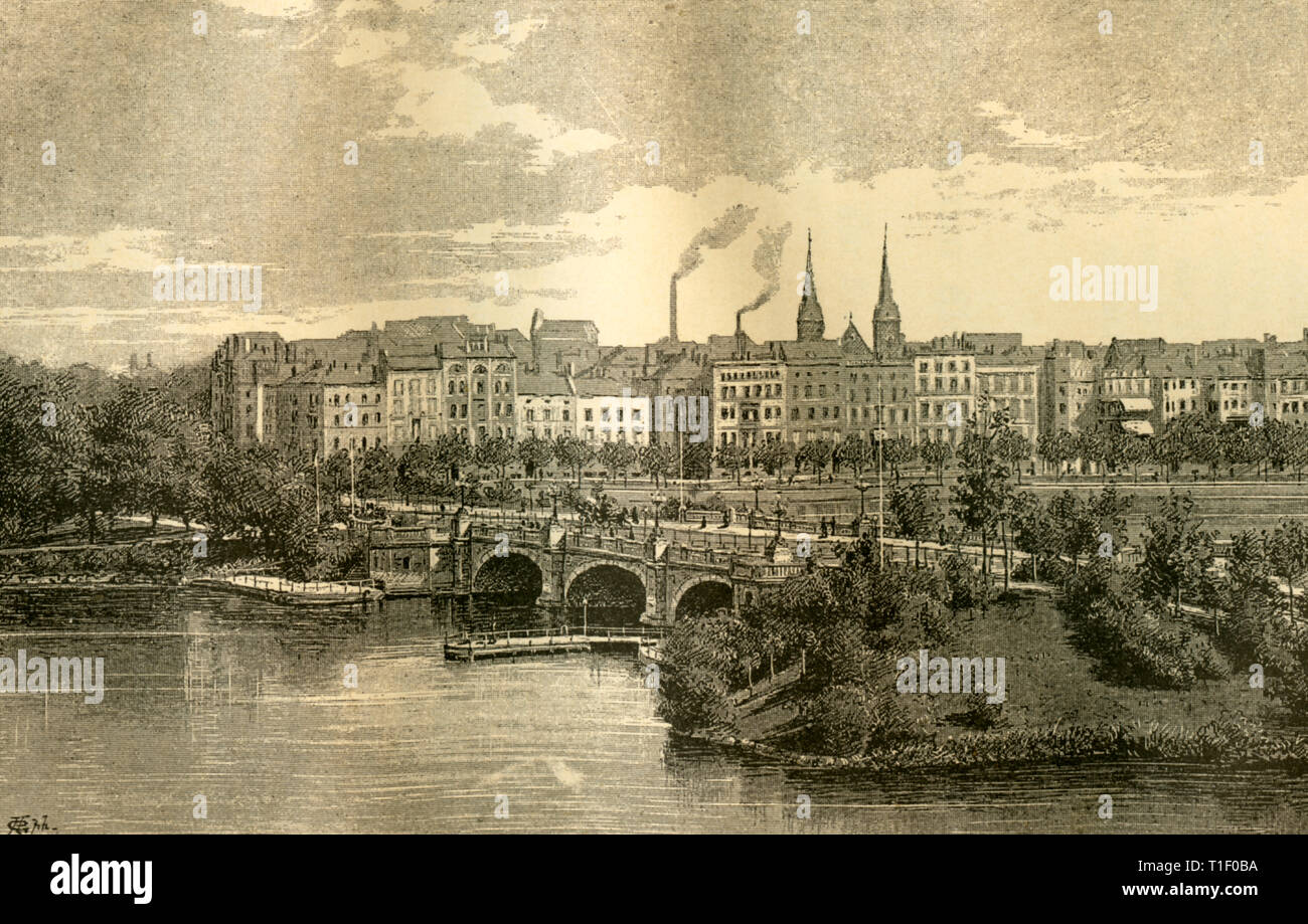 Germany, Hamburg, lake Alster with the Lombardsbrücke (Lombardsbridge), illustration from: 'Städtebilder und Landschaften aus aller Welt / Hamburg (images of cities and landscapes all over the world / Hamburg), by Dr. Julius Pollacsek, published by Caesar Schmidt, Zuerich, around 1880., Additional-Rights-Clearance-Info-Not-Available Stock Photo