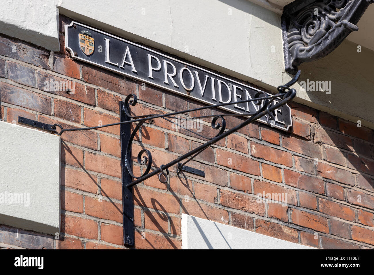 ROCHESTER, KENT/UK - MARCH 24 : La Providence street sign at the site of the old French hospital  in Rochester on March 24, 2019 Stock Photo