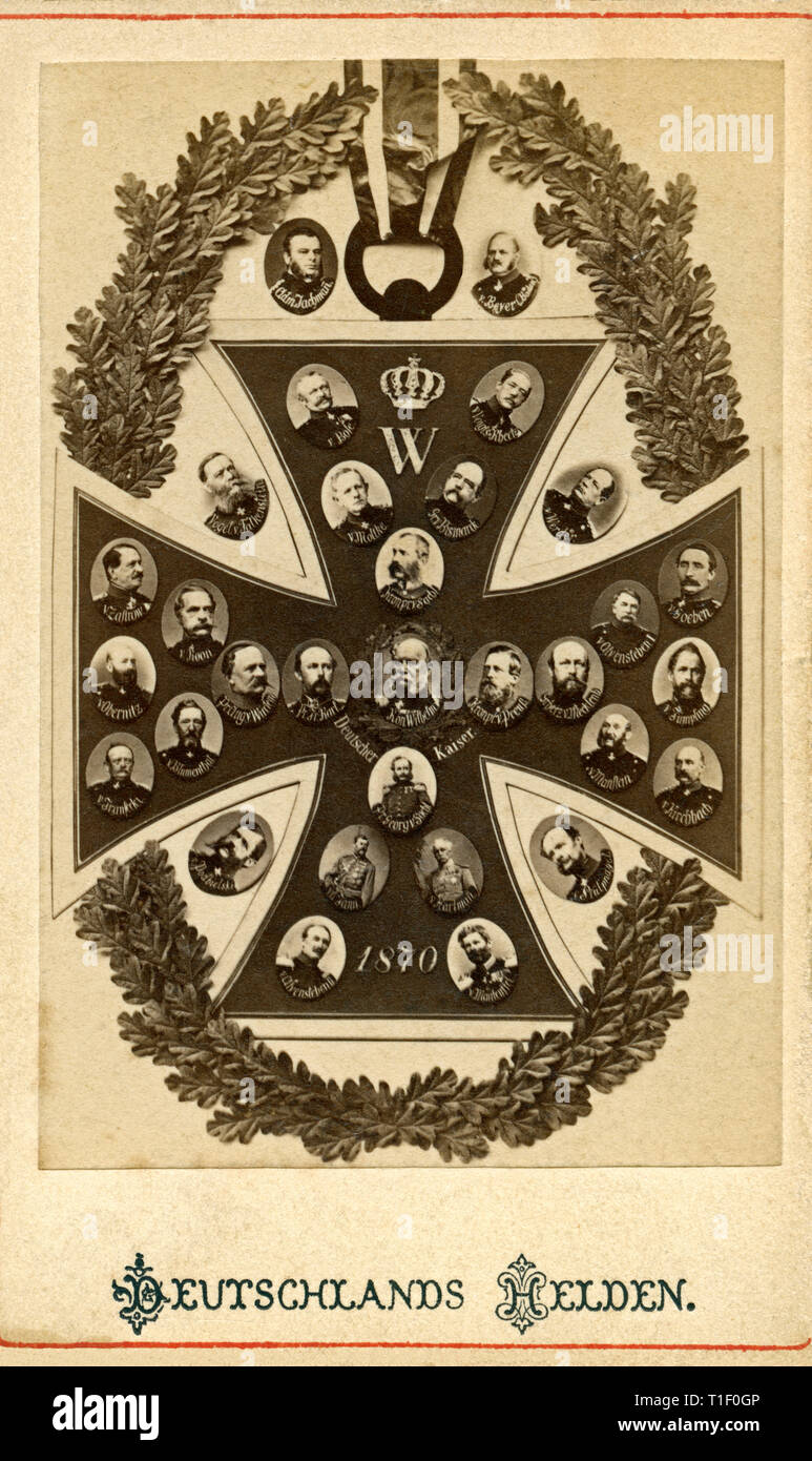 Germany, German Empire, Franco-Prussia War, propaganda card with Iron Cross and portraits of German military leaders, 1870-1871, the title German heros, Additional-Rights-Clearance-Info-Not-Available Stock Photo