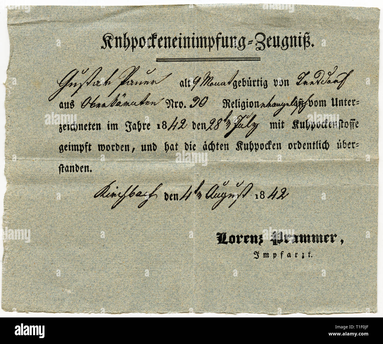 Austria, Carinthia / Kärnten, vaccination certificate about smallpox vaccination, written in historical writing, in a kind of Sütterlin font, the German cancelleresca (in German called Kanzleischrift). The document is from 1842. Autriche, Carinthie, certificat de vaccination, vaccination contre la variole, 1842., Additional-Rights-Clearance-Info-Not-Available Stock Photo