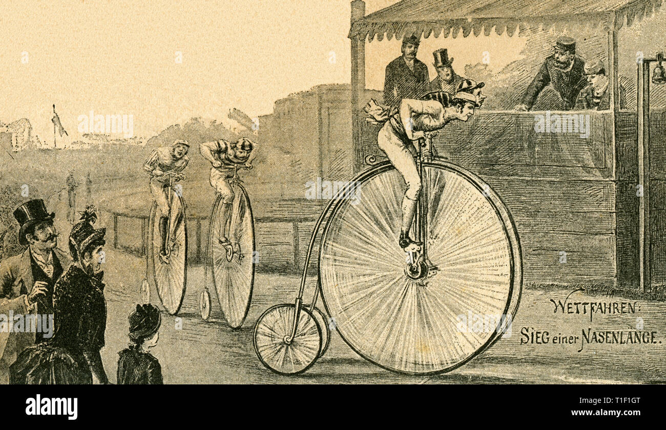 'Bicycle tournaments with penny-farthings', illustration by Paul Heydel, from the magazin 'Ueber Land und Meer. Deutsche Illustrirte Zeitung', 1889., Additional-Rights-Clearance-Info-Not-Available Stock Photo