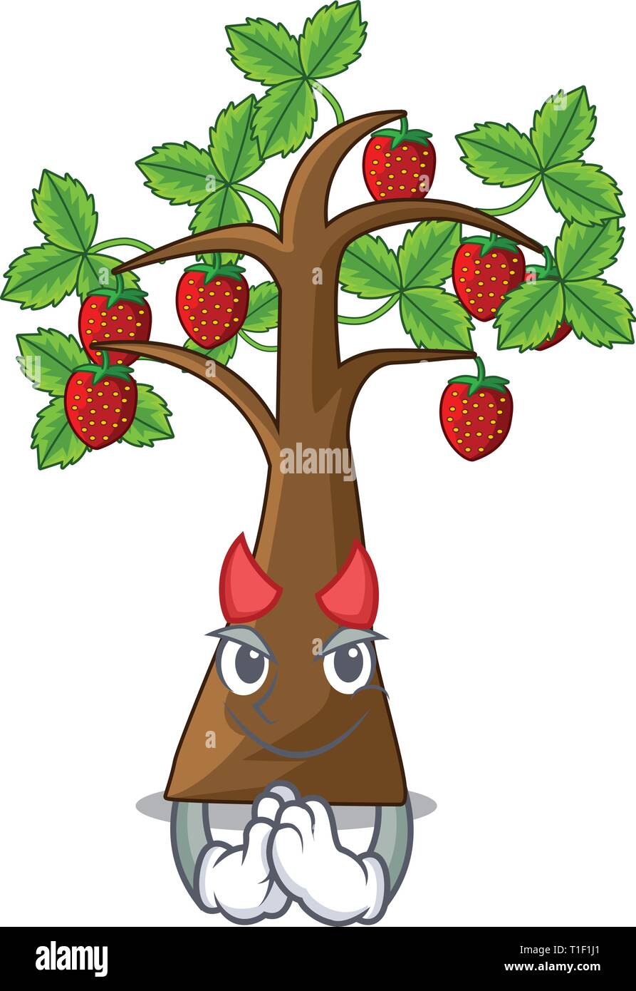 Devil cartoon strawberry trees grow on soil vector illustration Stock Vector