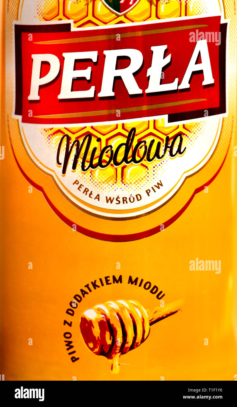 Polish 'Honey' Beer (Perla) 6% lager flavoured with honey from the Lublin  region of Poland Stock Photo - Alamy