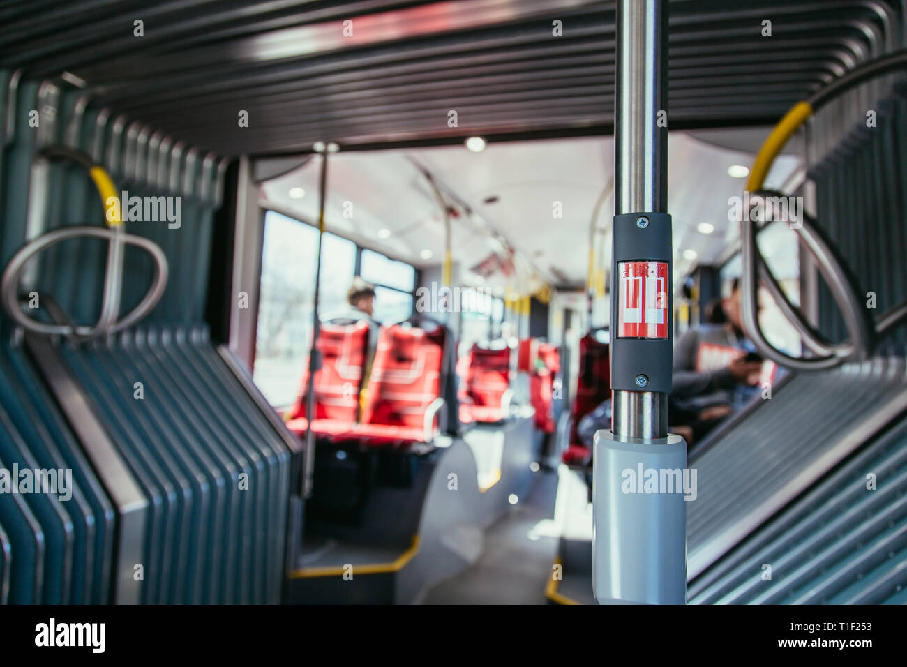 Interior of a public transport bus, stop button Stock Photo - Alamy