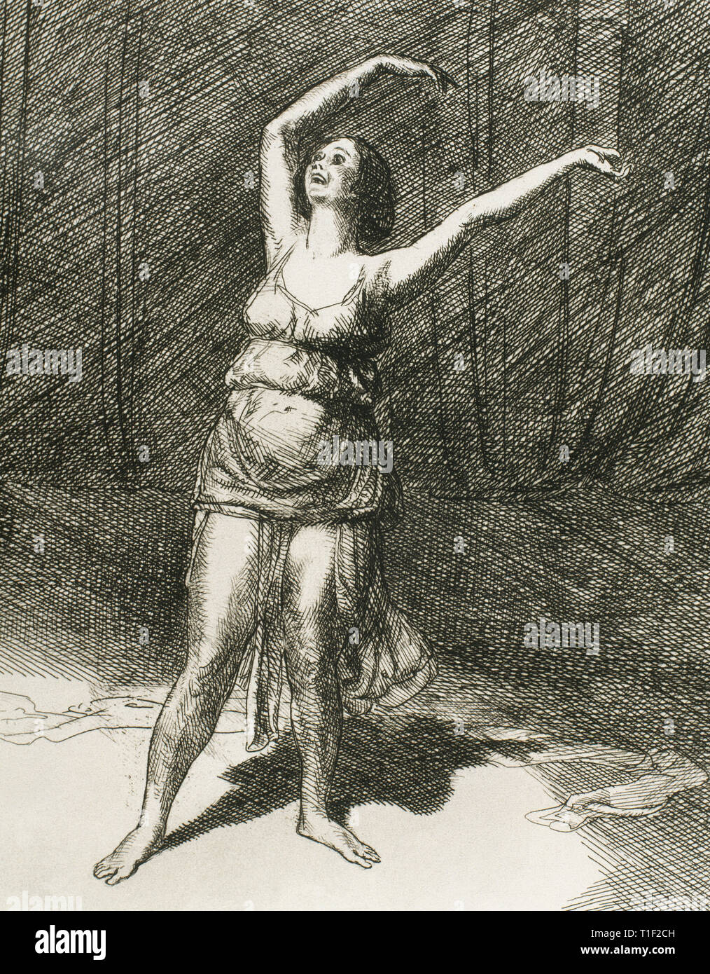 Isadora Duncan (Angela Isadora Duncan) (1877-1927). American dancer. Isadora Duncan dancing. Etching by John Sloan (1871-1951), 1915. Stock Photo