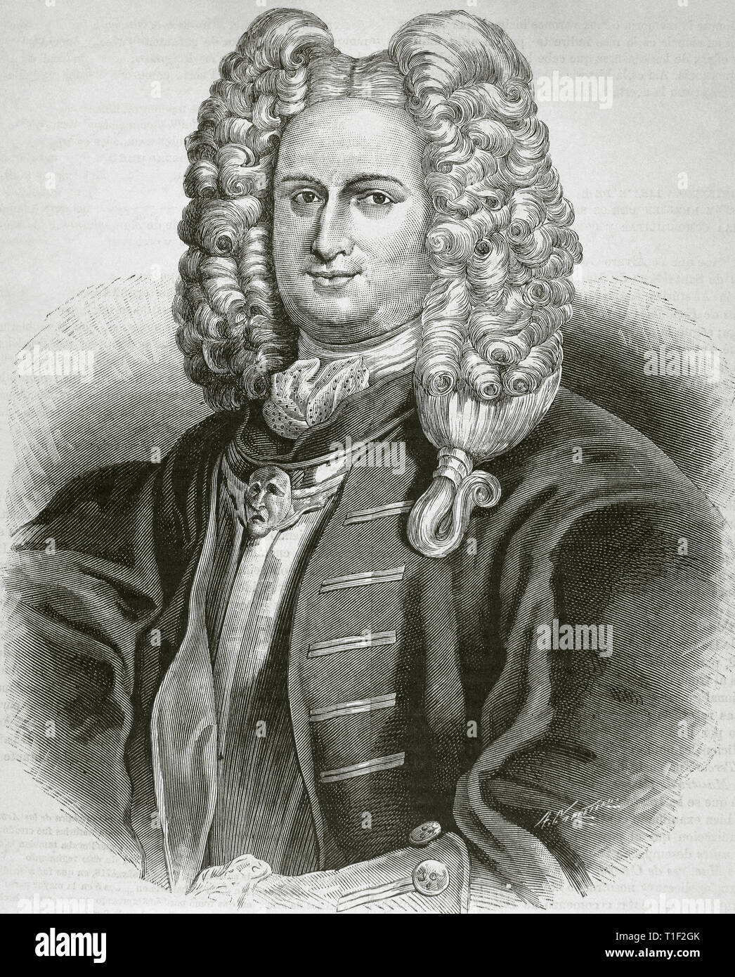 Alvaro de Navia Osorio Vigil (1684-1732). Spanish military and writer. Governor of Oran. Engraving, 1886. Stock Photo