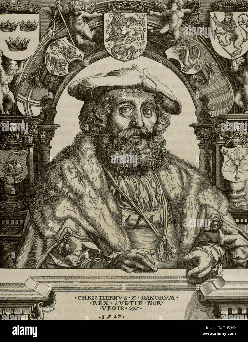 Christian II (1481-1559). King of Denmark, Norway and Sweden. Christian II with the arms of his Kingdom. Engraving by Jacob Brink (1500-1569). Stock Photo