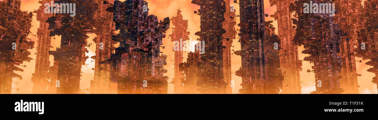 Mining colony city panorama / 3D illustration of dark futuristic science fiction city on hot desert planet Stock Photo