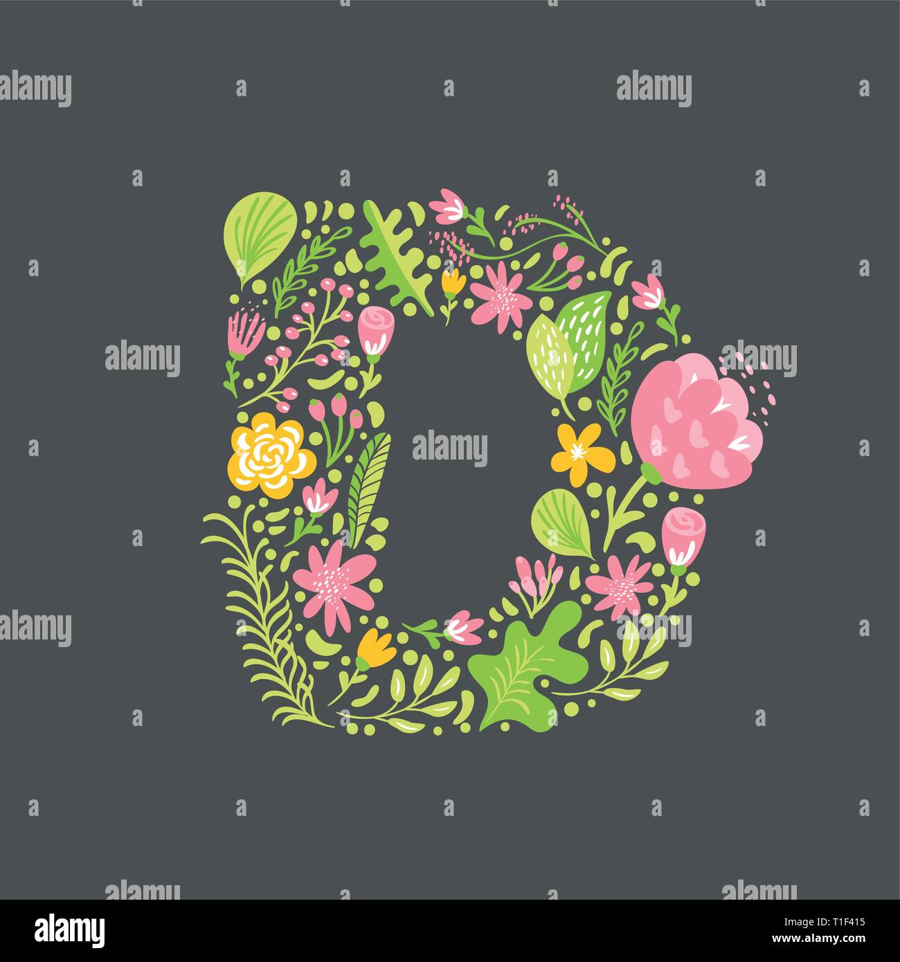 Floral summer Letter D. Flower Capital wedding Uppercase Alphabet. Colorful font with flowers and leaves. Vector illustration Grotesque scandinavian s Stock Vector