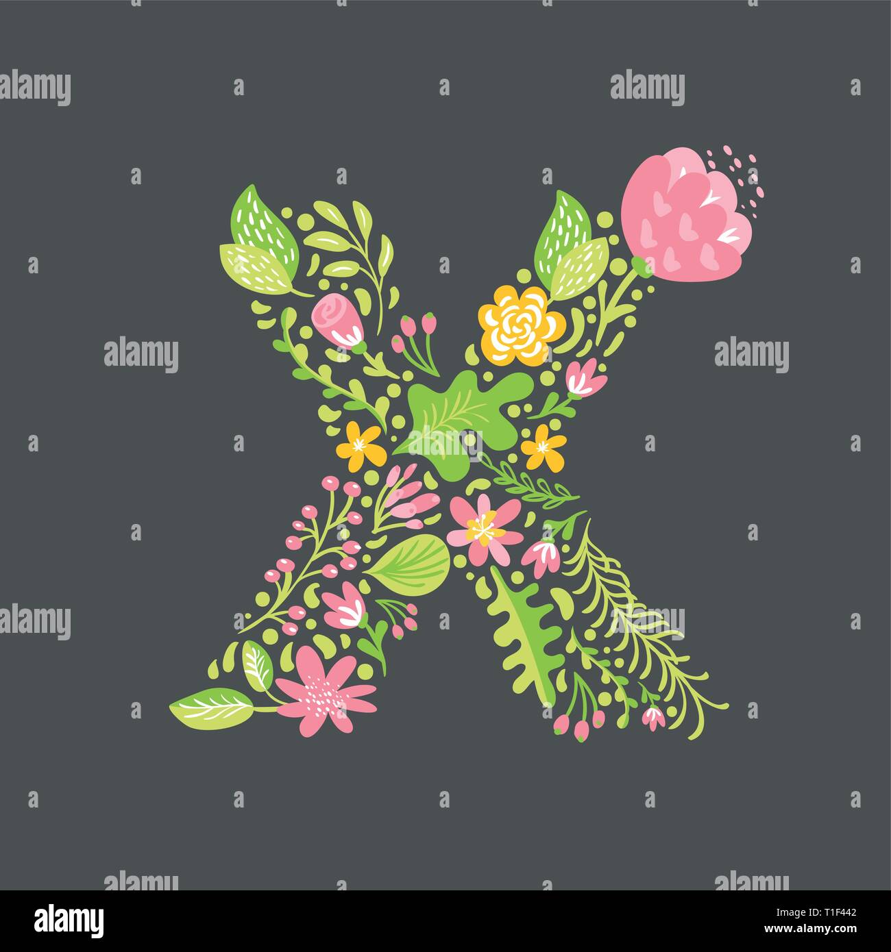 Floral summer Letter X. Flower Capital wedding Uppercase Alphabet. Colorful font with flowers