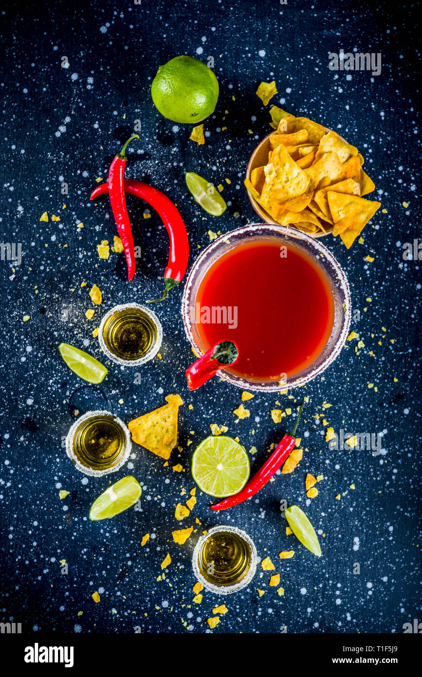 Cinco De Mayo Celebration Concept 5th May Mexican Party S Drinks Margarita Cocktail Tequila Shots With Lime Hot Chili Peppers And Chips Dark Bac Stock Photo Alamy