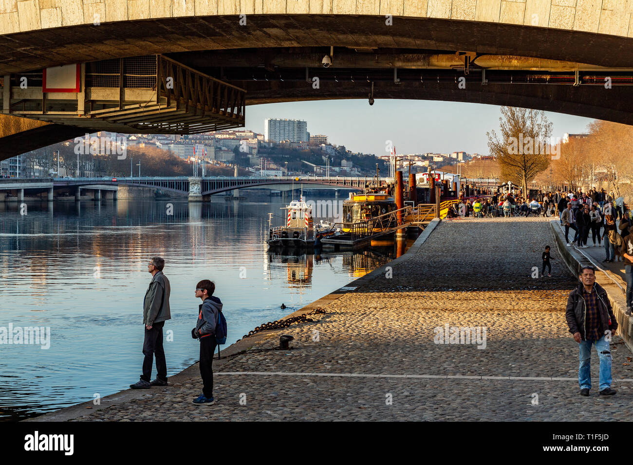 Rhone river banks, barge Cafe moored. Lyon Stock Photo