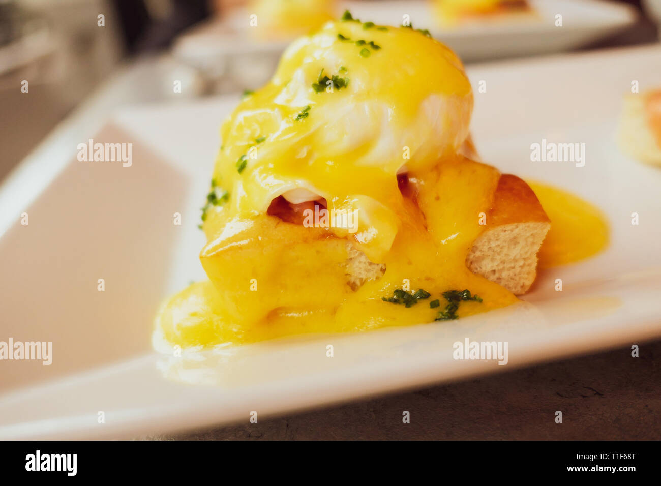 Restaurant service, food recipes and breakfast concept Poached egg