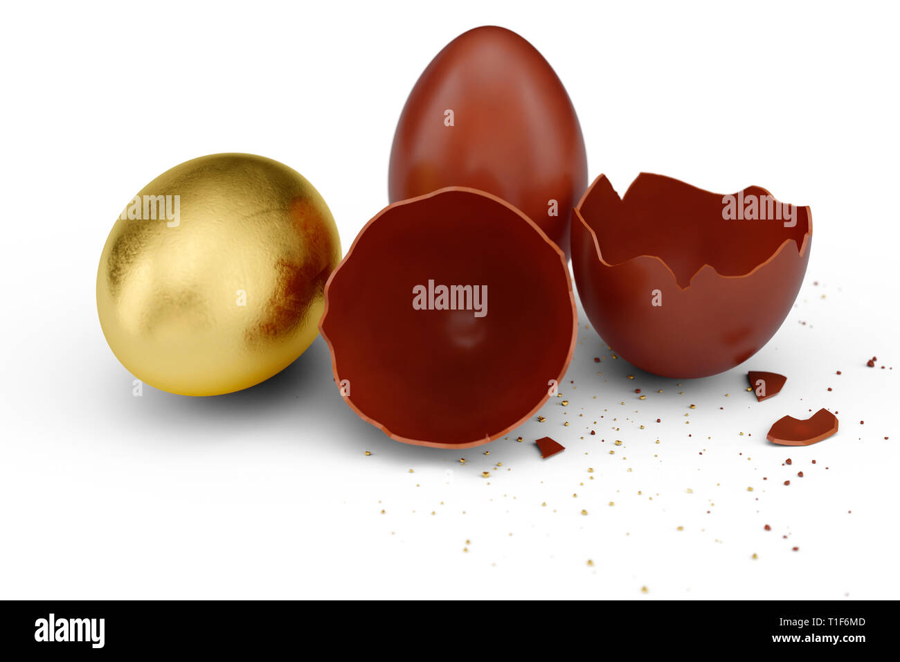 Gold luxury egg and chocolate easter egg. Broken, cracked chocolate egg