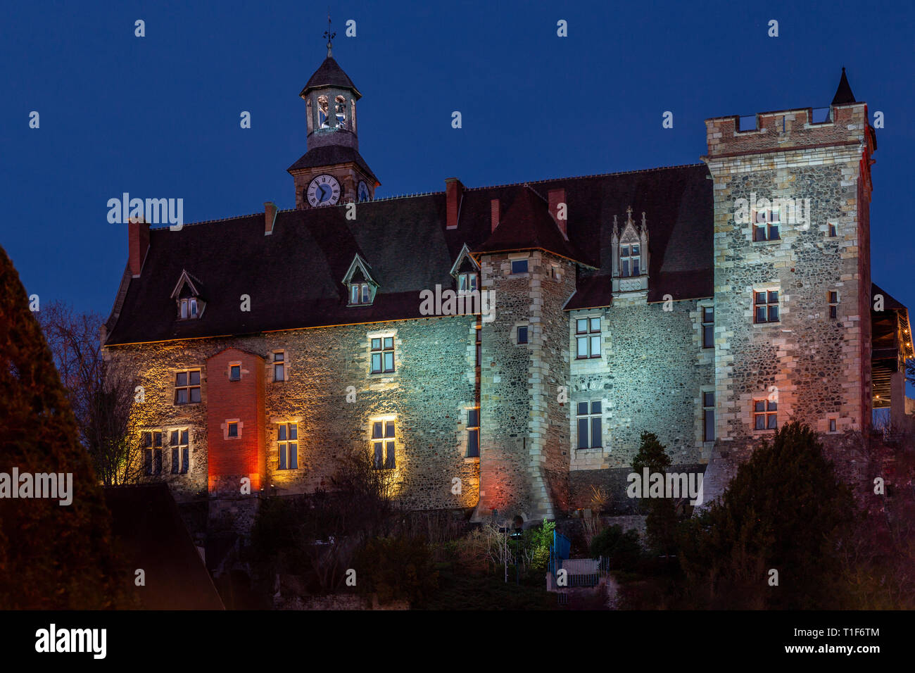 blue hour, Castle of Les Ducs de Bourbon. Montlucon, France Stock Photo