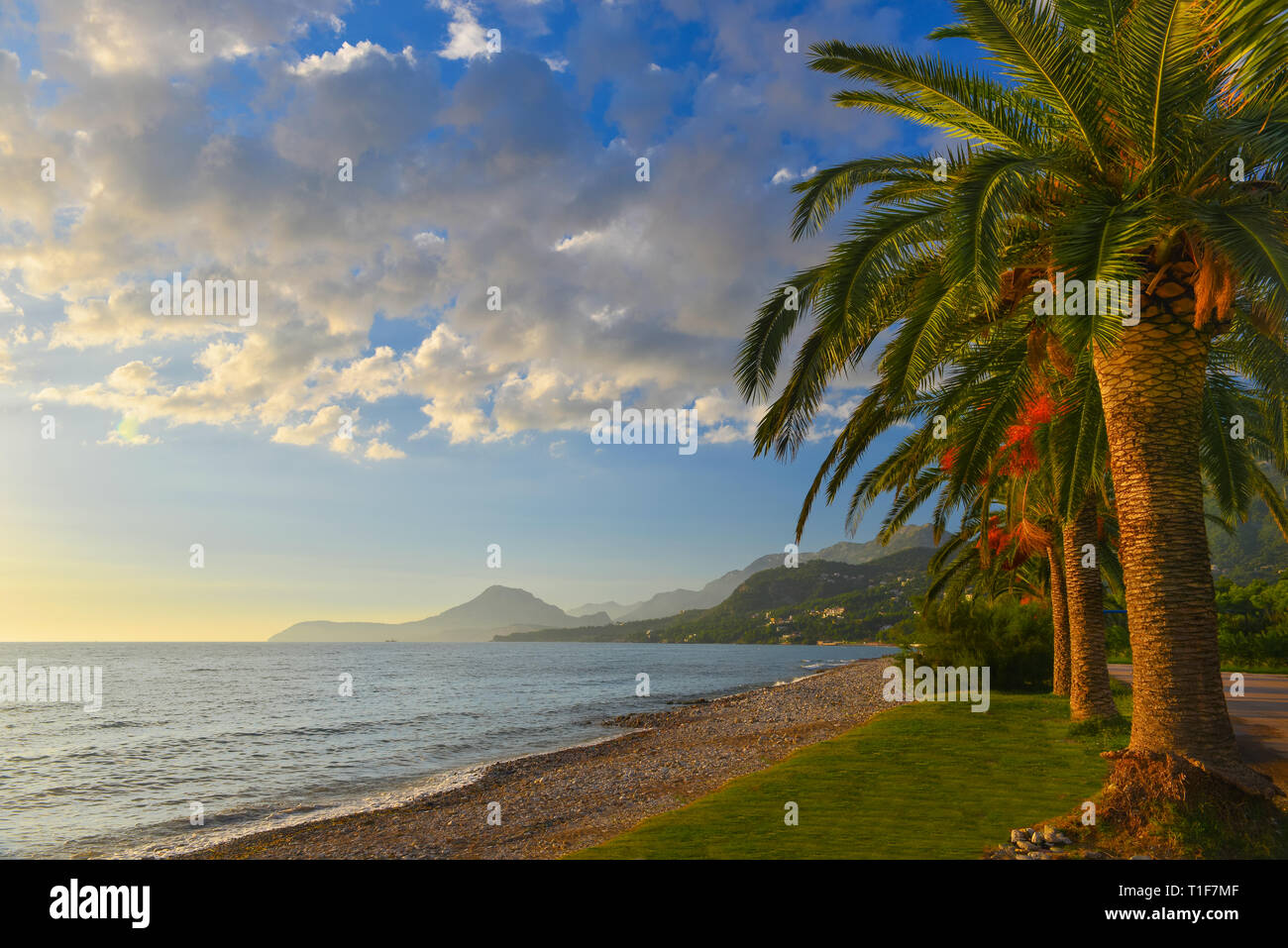 Beautiful sunset above the Adriatic sea in summer.Bar city,Montenegro,south Europe. Stock Photo