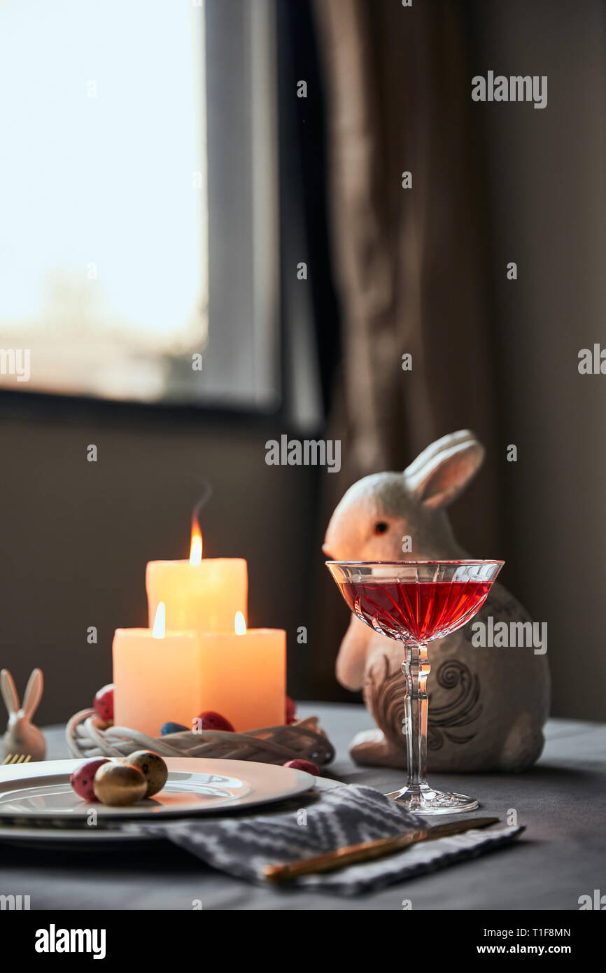 Selective Focus Of Plates With Eggs Wine In Crystal Glass And