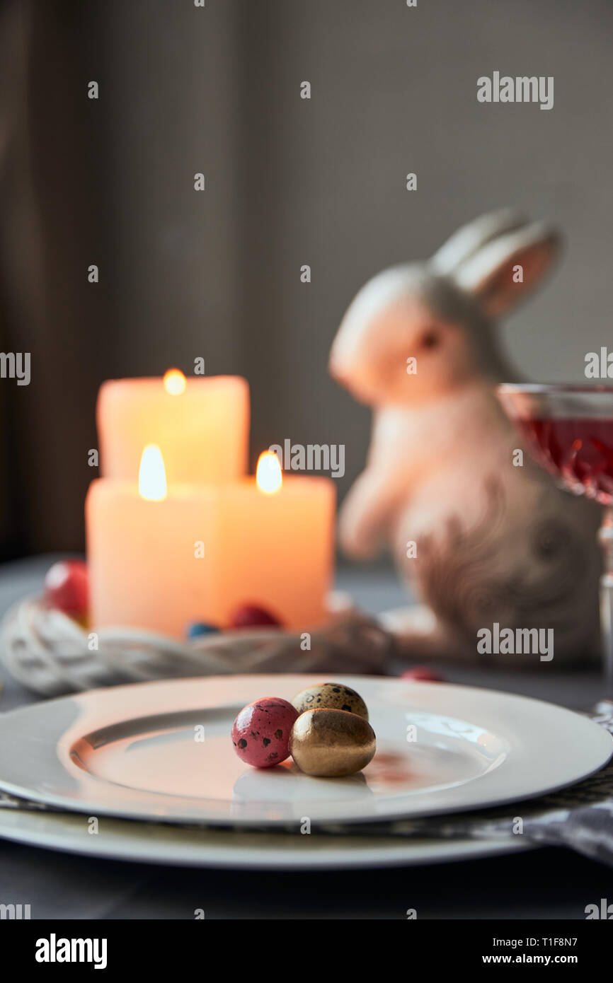 Selective Focus Of Plates With Colorful Eggs Wine In Crystal