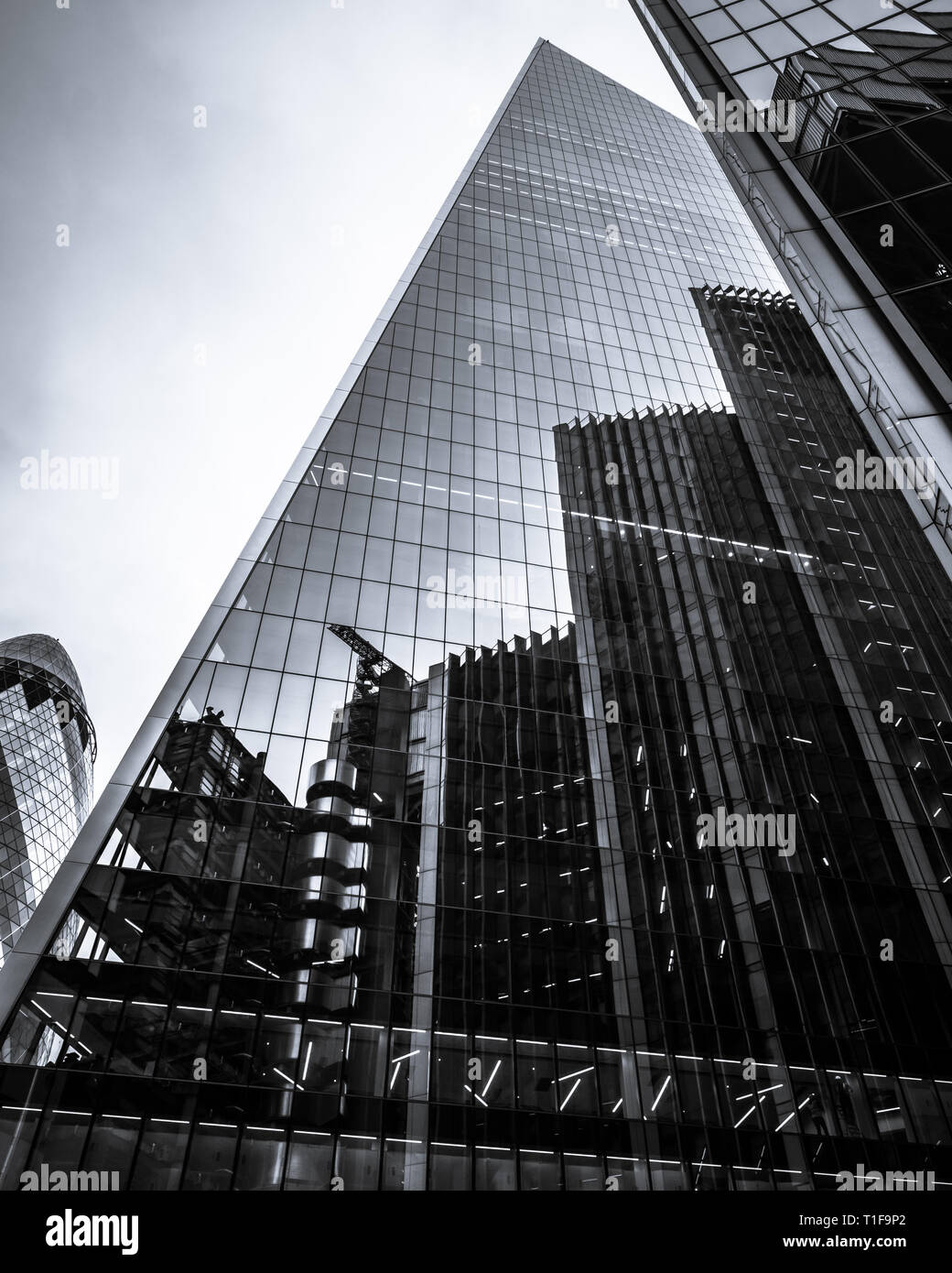 London, United Kingdom: metal and glass skyscrapers in the City of London. Black and White photograph. Stock Photo