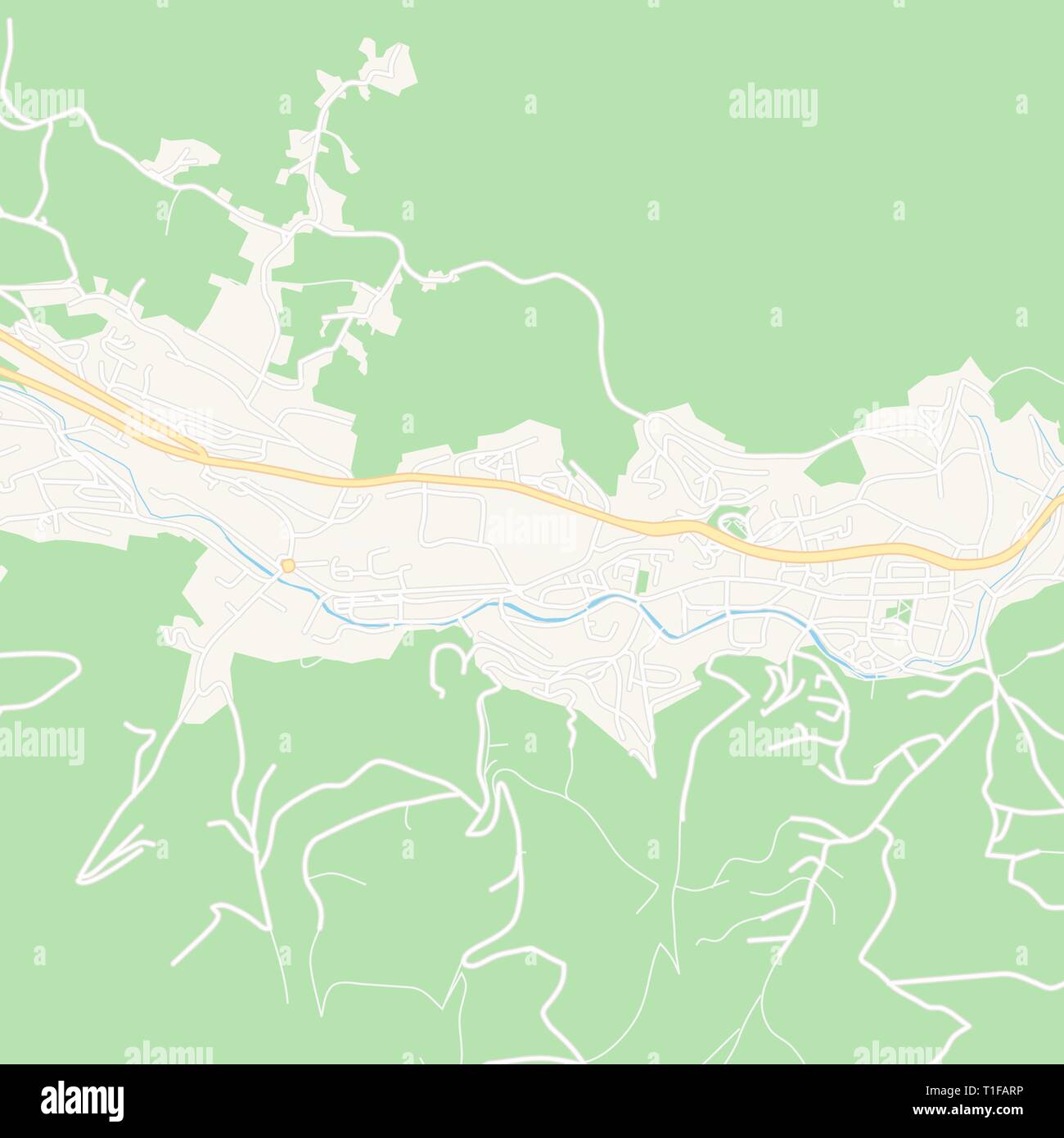 Printable map of Travnik, Bosnia and Herzegovina with main and secondary roads and larger railways. This map is carefully designed for routing and pla Stock Vector