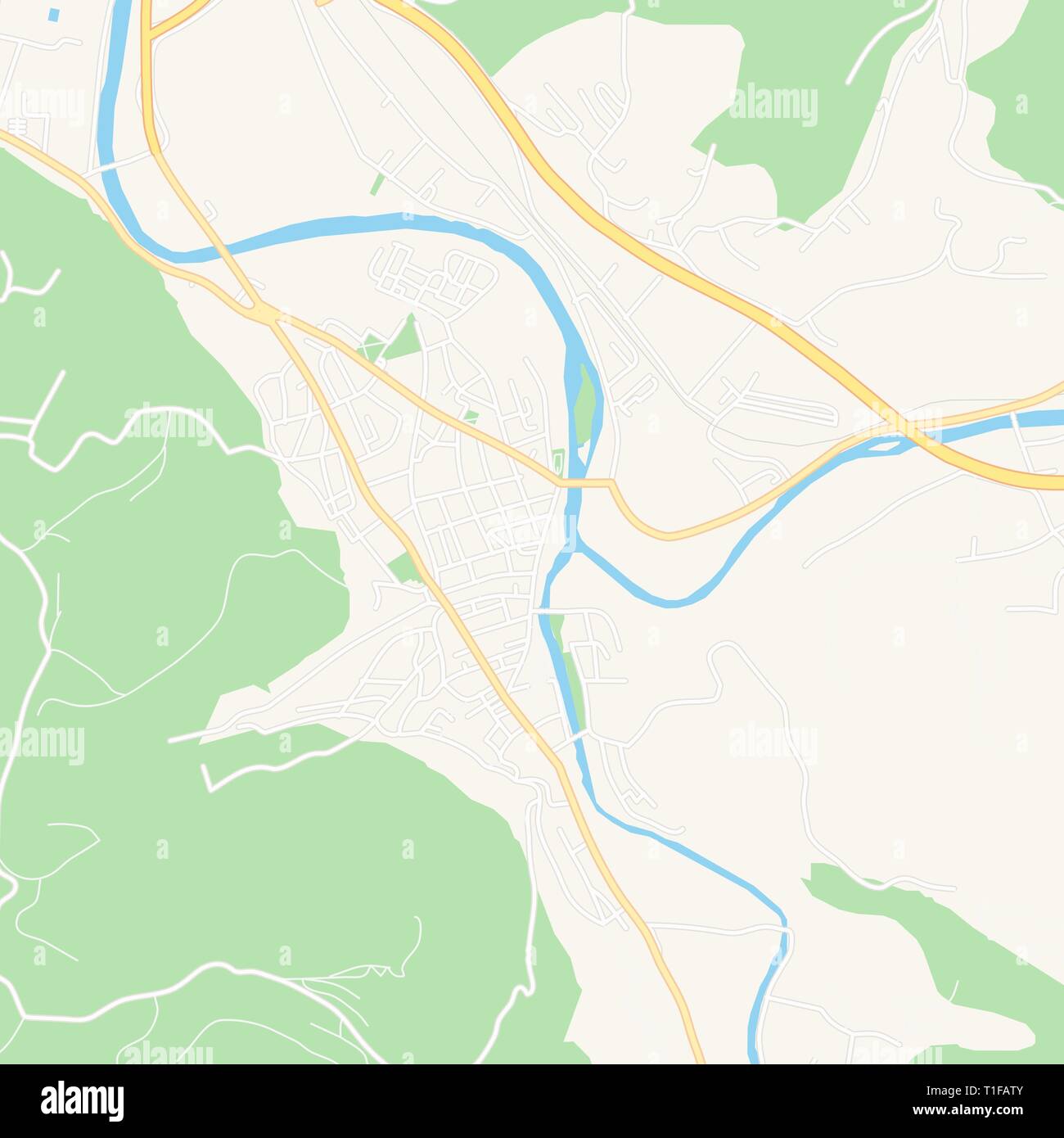 Printable map of Visoko, Bosnia and Herzegovina with main and secondary roads and larger railways. This map is carefully designed for routing and plac Stock Vector