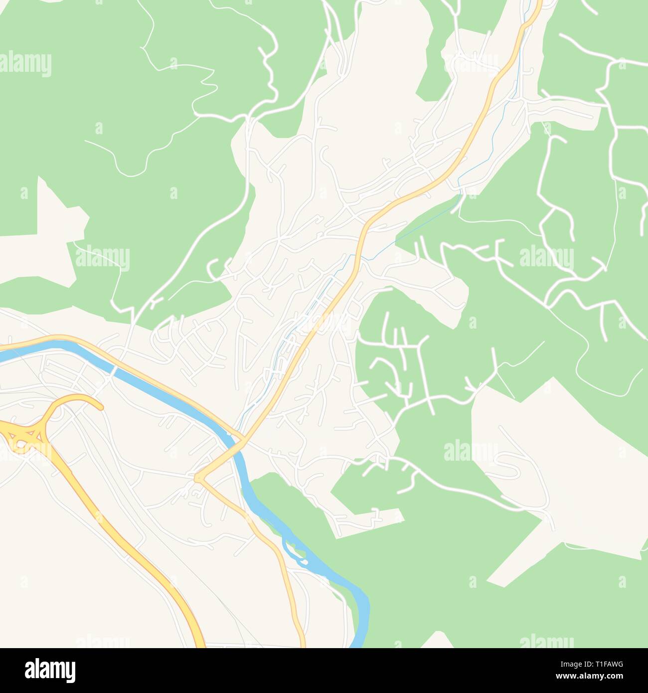 Printable map of Kakanj, Bosnia and Herzegovina with main and secondary roads and larger railways. This map is carefully designed for routing and plac Stock Vector