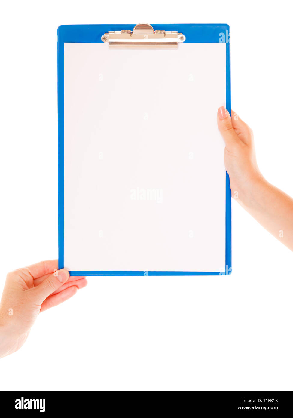 Female hands showing clipboard with empty blank sign copy space for ...