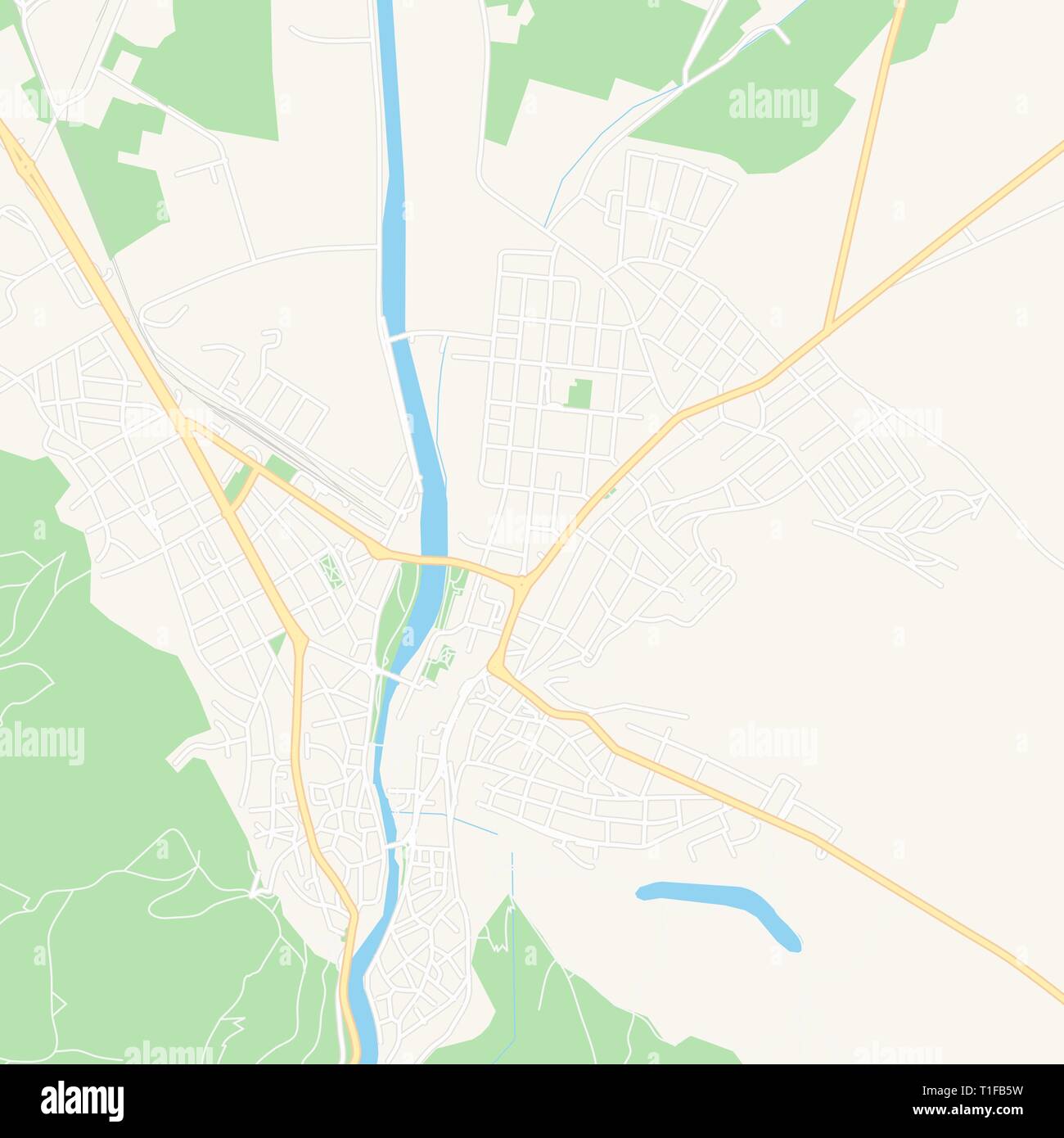 Printable map of Asenovgrad, Bulgaria with main and secondary roads and larger railways. This map is carefully designed for routing and placing indivi Stock Vector