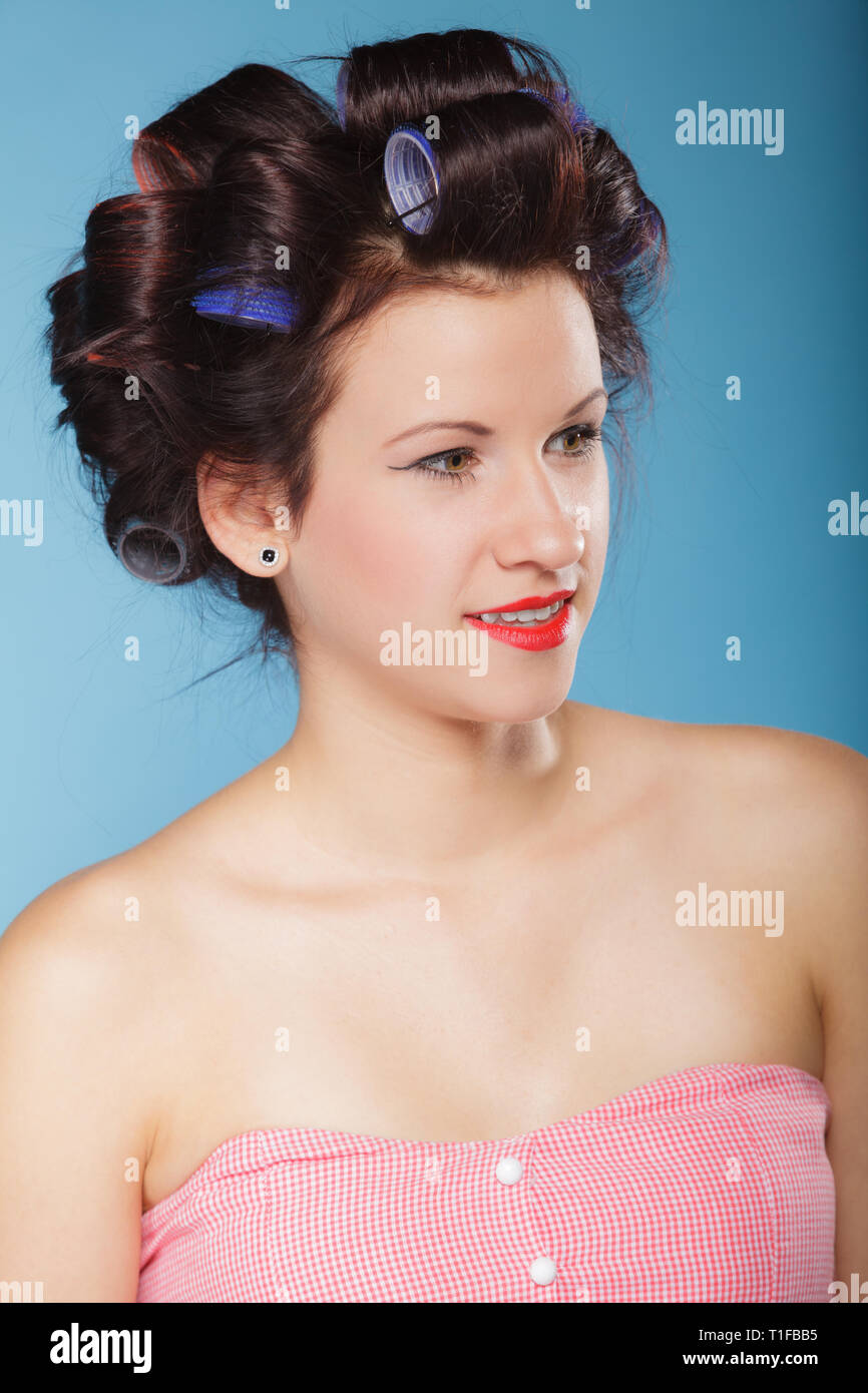 Girl Preparing To Party Headshot Of Young Woman With Hair Curlers