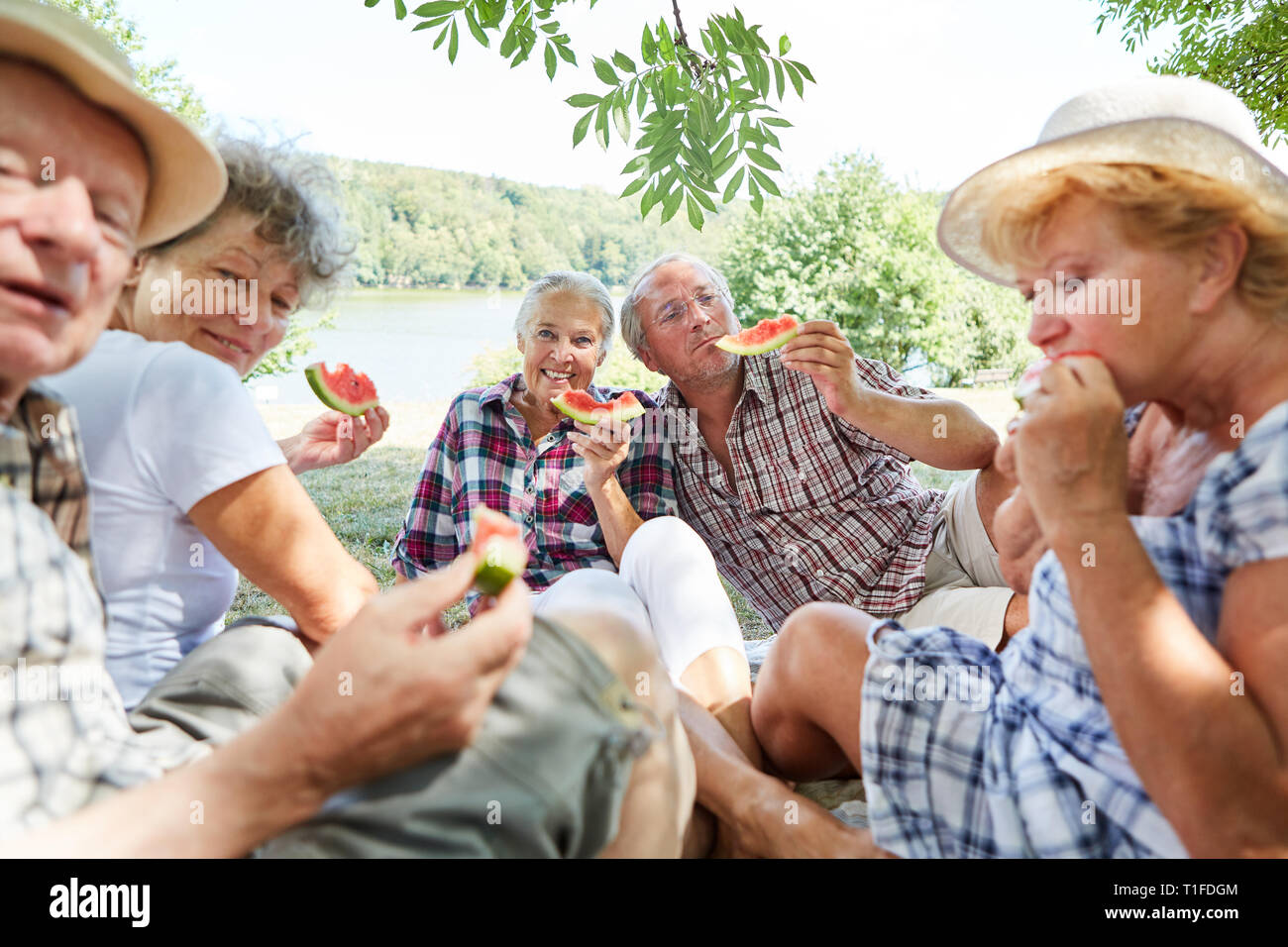 Senior group relaxes while eating melon in summer on a trip Stock Photo