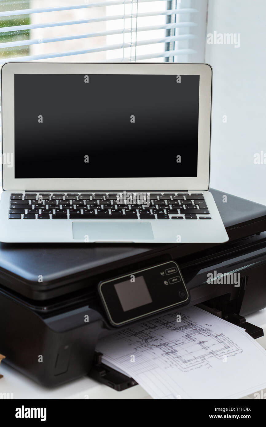 Printer and computer. Office table Stock Photo - Alamy