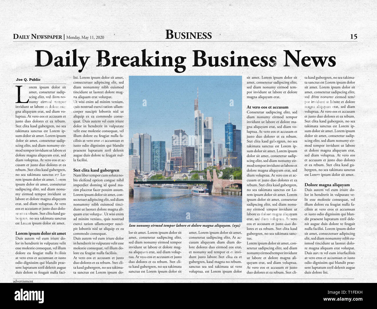 Fictitious business front page of a newspaper and daily newspaper as a template and texture Stock Photo