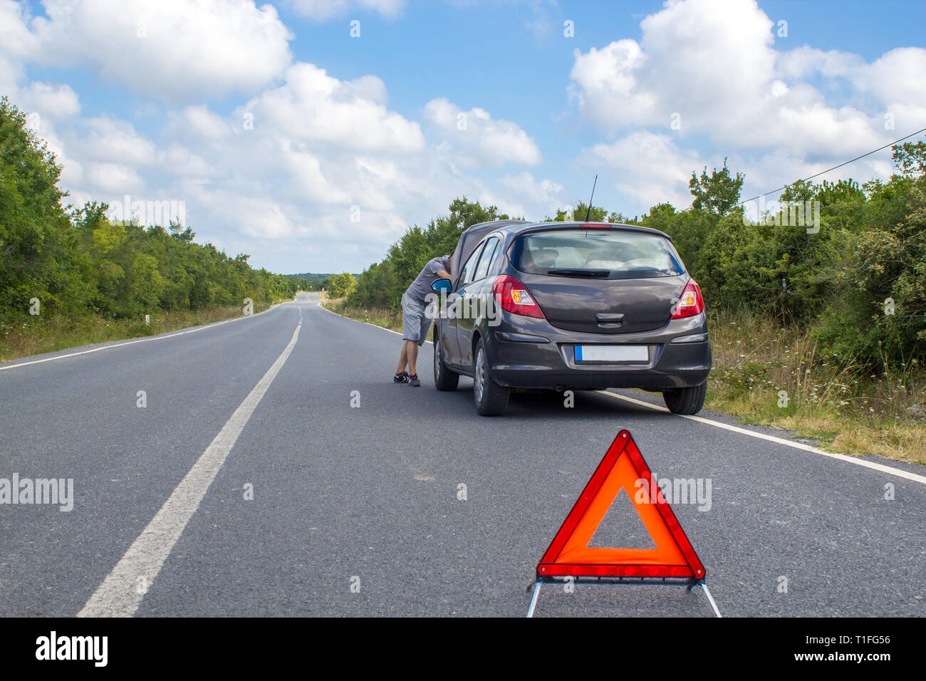 Car malfunction on countryside. Car waiting for help on the road. Car