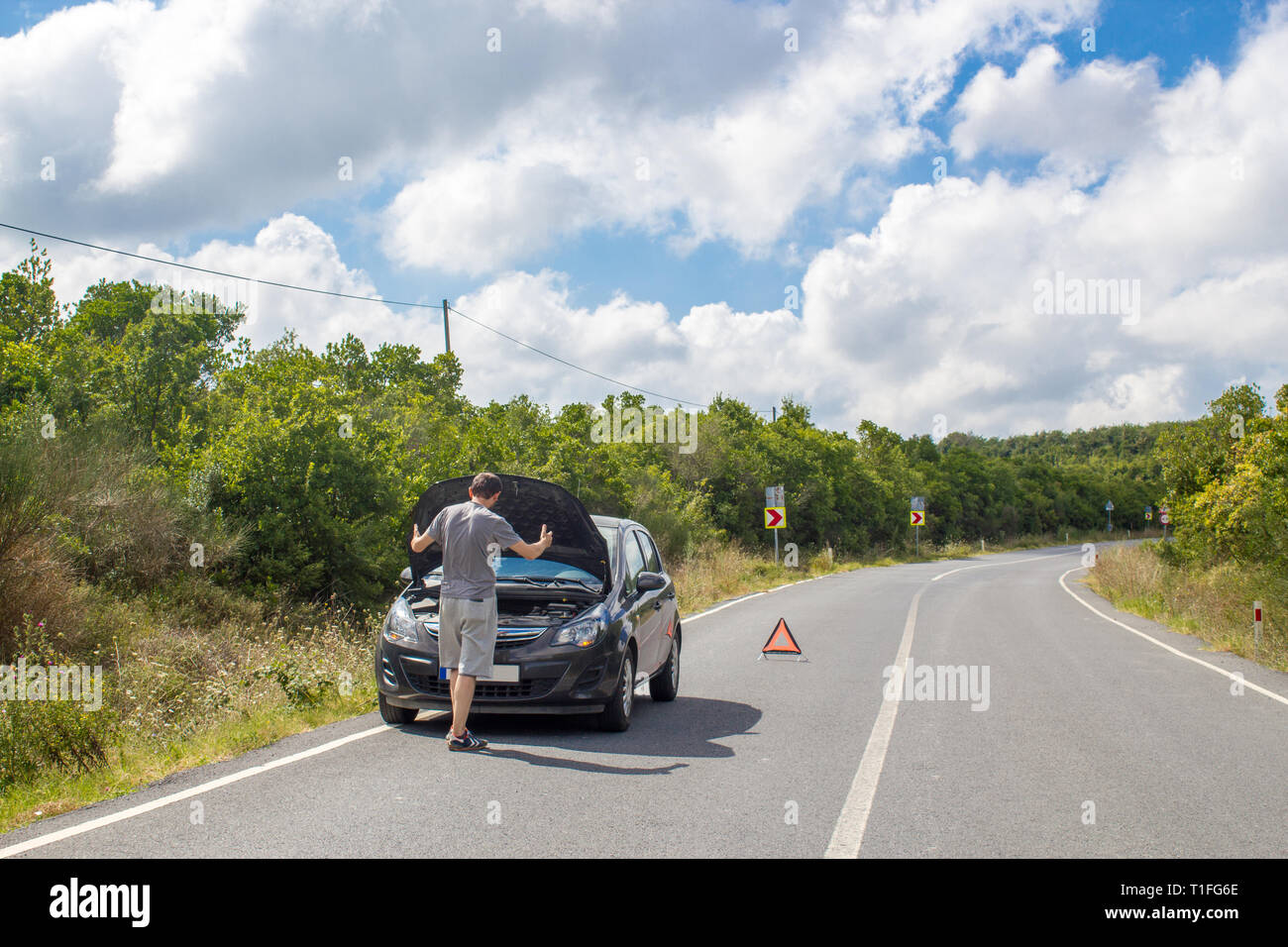 Car malfunction on countryside. Car waiting for help on the road. Car breakdown. Man with car breakdown. Waiting for roadside assistance Stock Photo