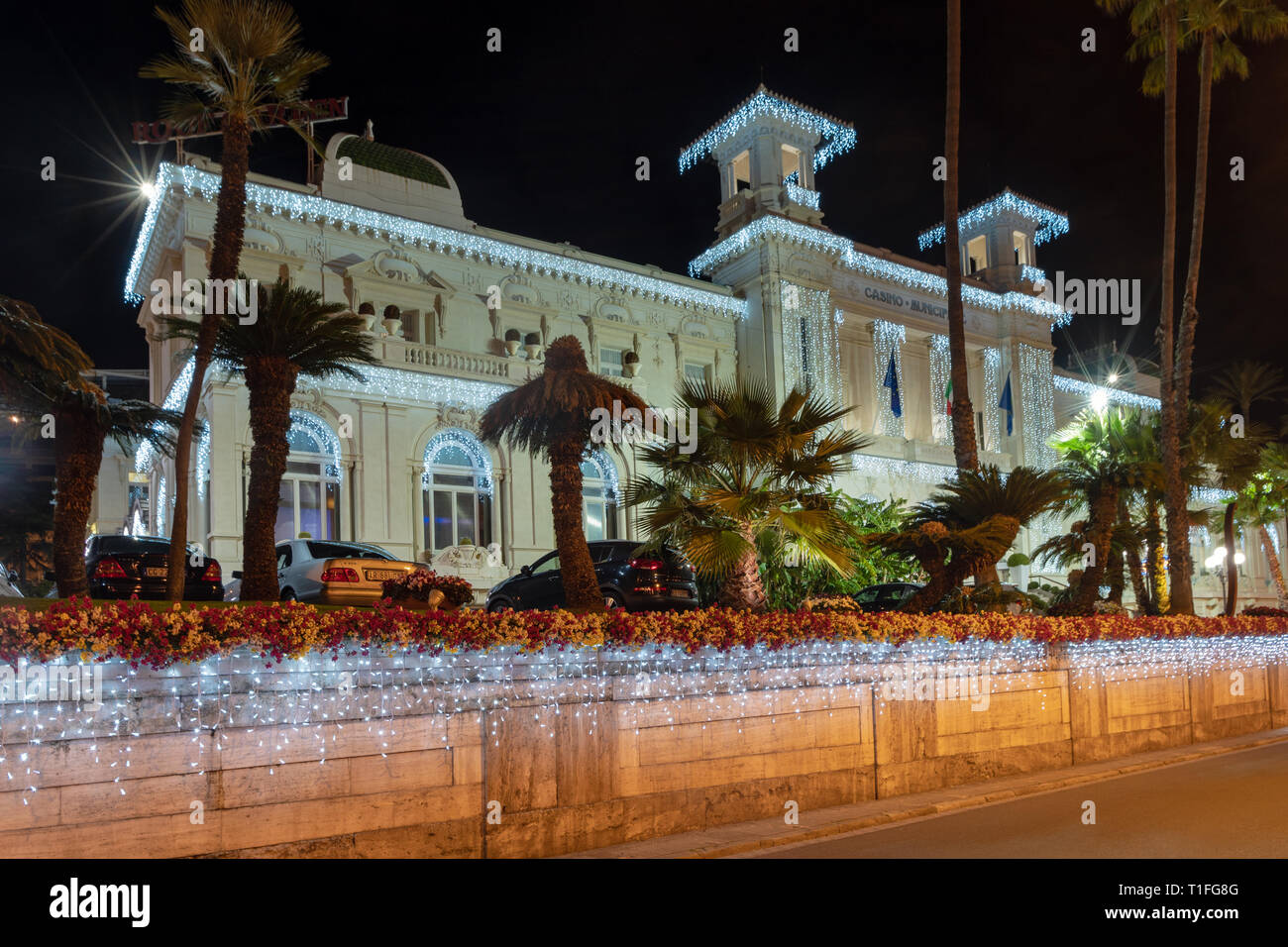 Facade view by night of the Municipal Casino in Sanremo, Italy Stock Photo