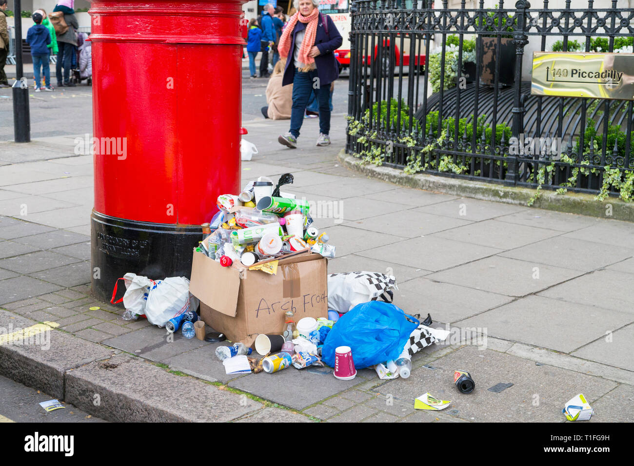 Piles of rubbish left on the side of a london road after a march in london, uk Stock Photo Alamy