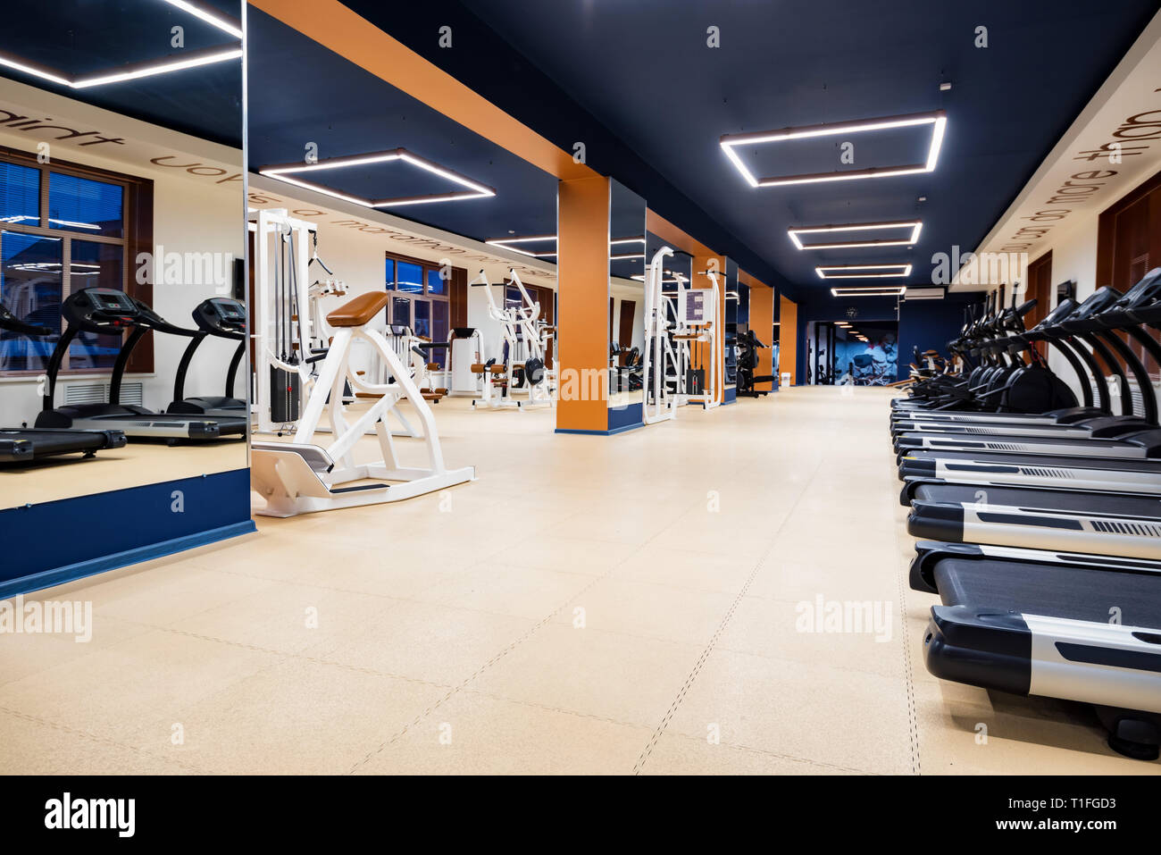 New fitness machines in modern gym interior Stock Photo