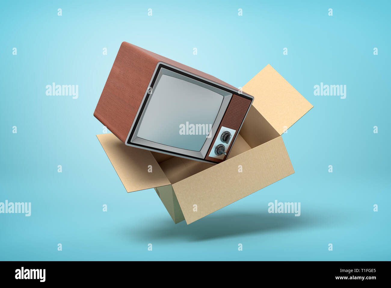 3d rendering of cardboard box in air from which retro TV set flies out on light-blue background. Stock Photo