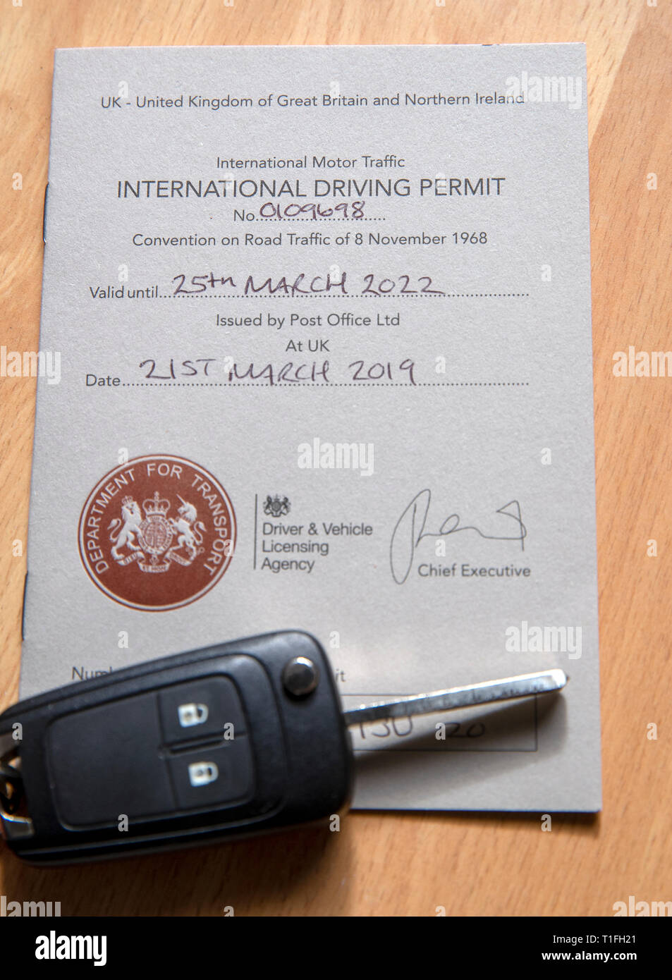 A general view of a International Driving Permit issued by the Post Office,  which will be needed by UK drivers to drive abroad if we are to leave the  EU Stock Photo -