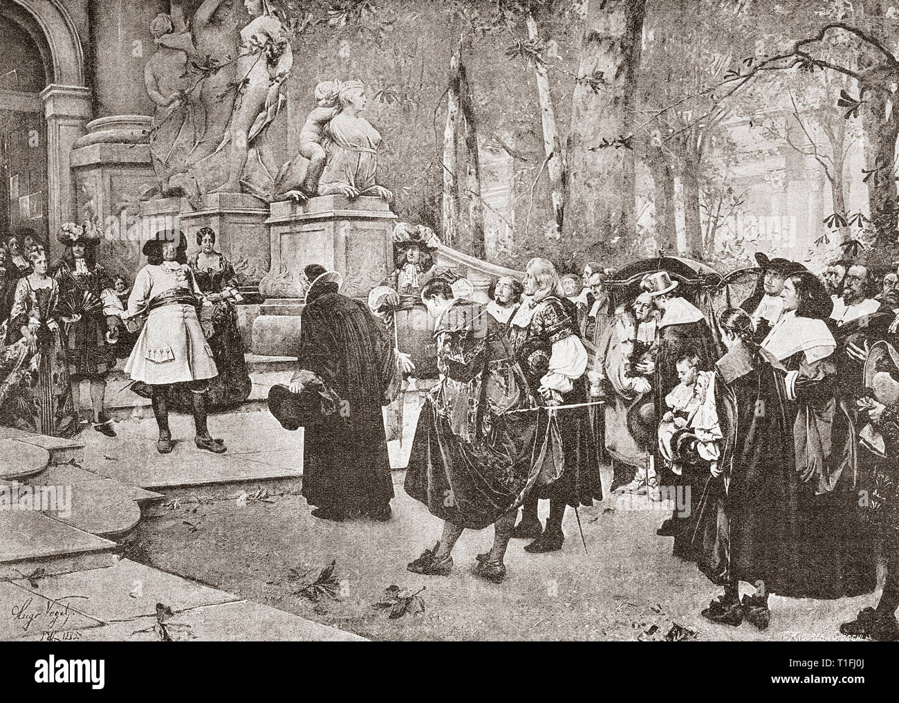 Reception of the French Calvinist Protestant refugees (Huguenots) by the Great Elector in Potsdam Castle, 1685.  French Protestants fleeing their country after the abolishment of the Edict of Nantes, seen here during the audience at the court of Frederick William (1640-1688), Elector of Brandenburg.  From Ilustracion Artistica, published 1887. Stock Photo