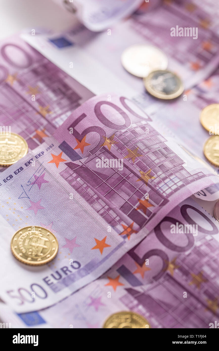 Close-up five houndred euro banknotes coins money and currency Stock Photo