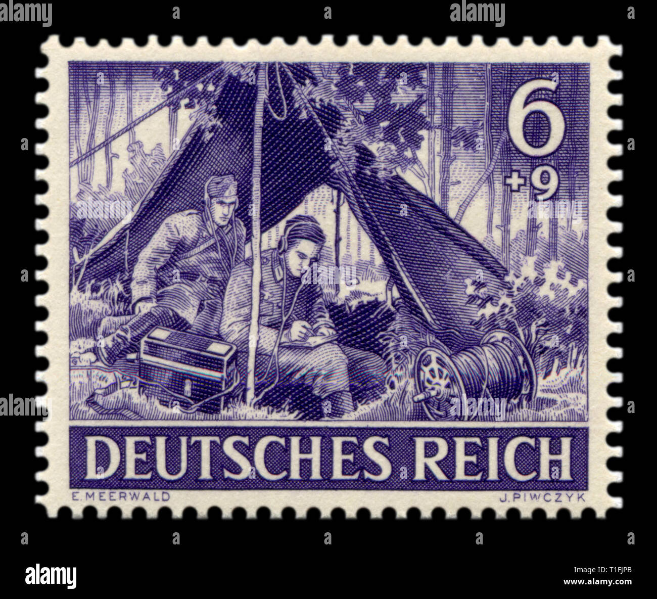 German historical stamp: Military Communicator, receives and transmits the order on the radio. The signal corps of the Wehrmacht, memorial day 1943 Stock Photo