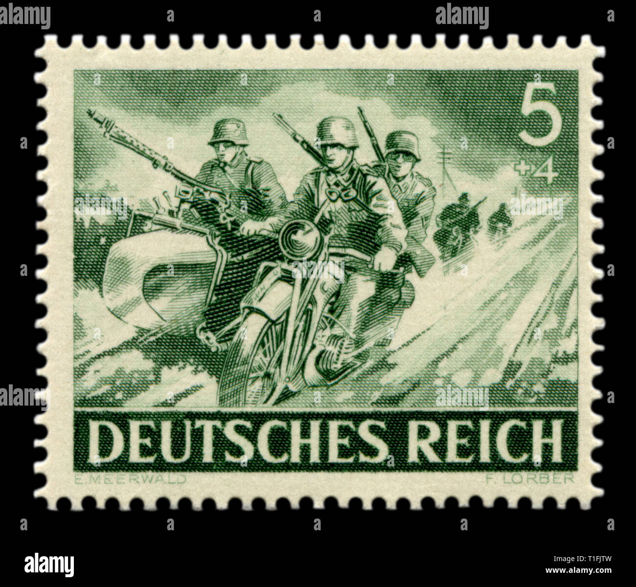 German historical stamp: Military motorcycle units of the Wehrmacht. Motorbike with sidecar with mg-34 machine gun, Eastern front, memorial day 1943 Stock Photo