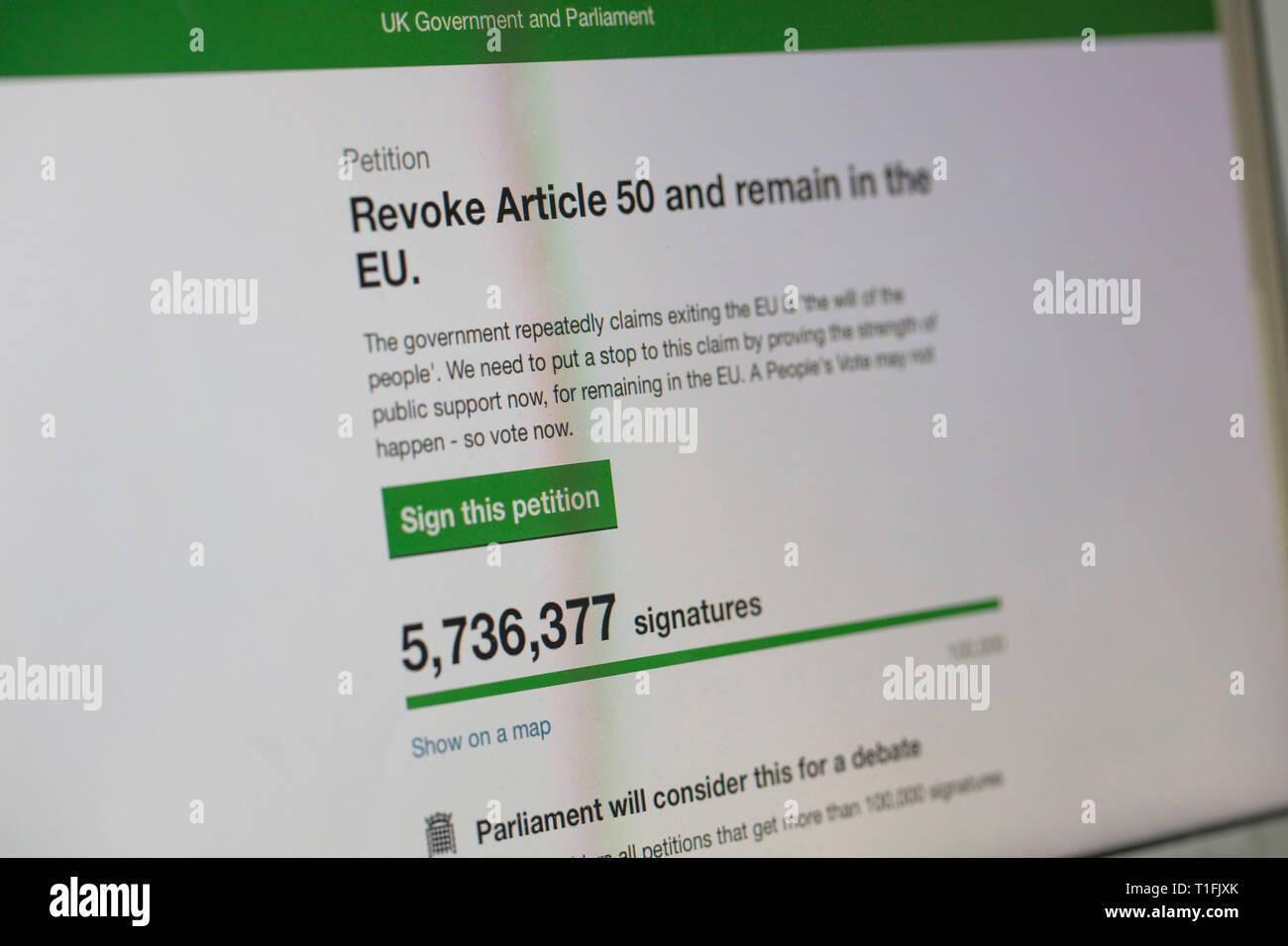 LONDON, UK - March 26th 2019:  Online petition to revoke article 50 and reconsider brexit has over 5 million signatures Stock Photo