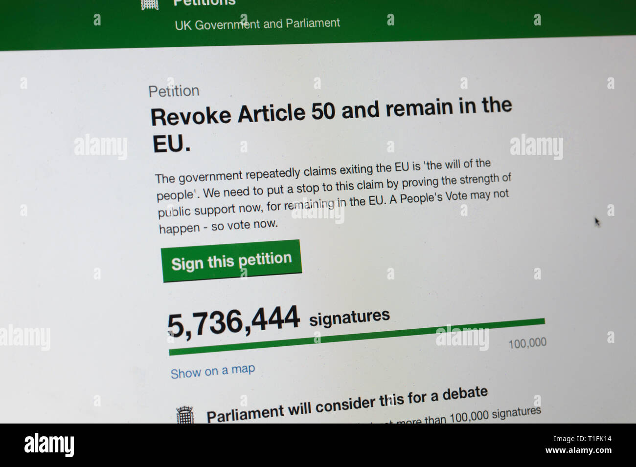 LONDON, UK - March 26th 2019:  Online petition to revoke article 50 and reconsider brexit has over 5 million signatures Stock Photo