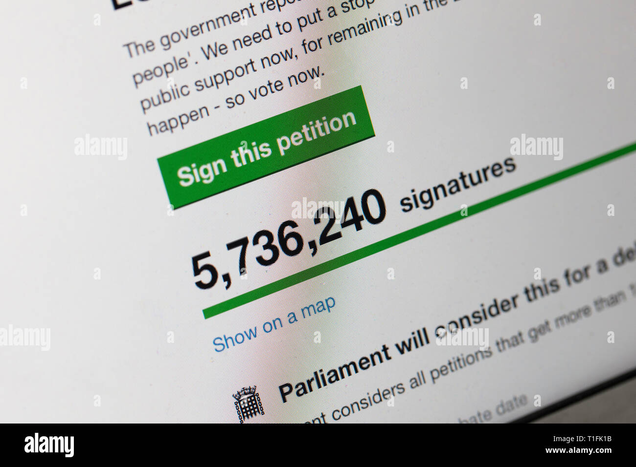 LONDON, UK - March 26th 2019:  Online petition to revoke article 50 and reconsider brexit has over 5 million signatures Stock Photo