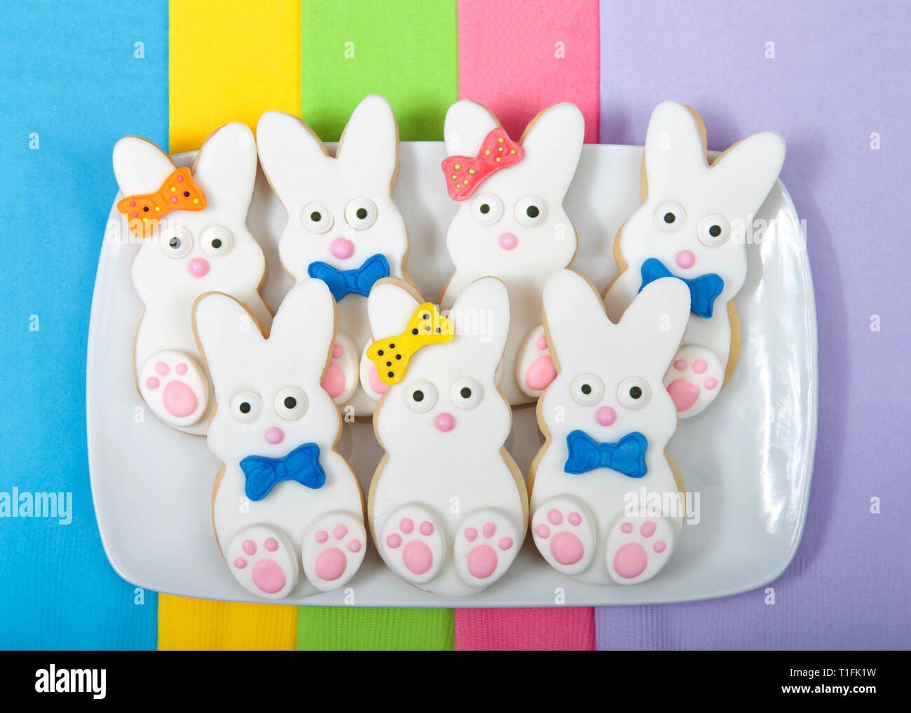 Easter Bunny Sugar Cookies on a rectangular plate with napkins underneath. Marshmallow fondant