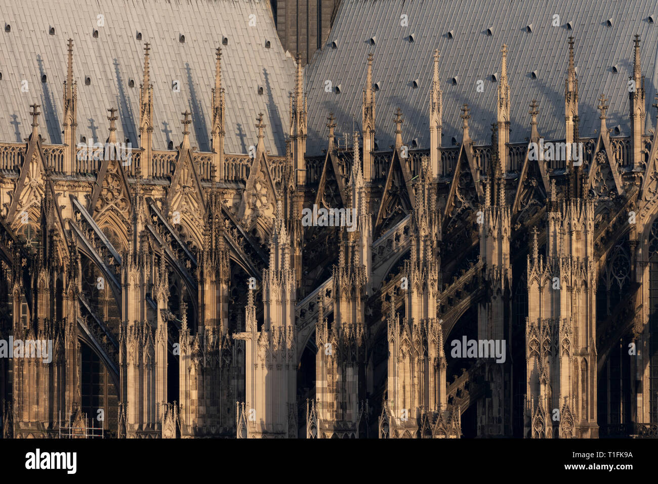 Köln, Blick von der rechten Rheinseite auf den Dom, Detail Strebewerk zwischen Querhaus und Chor Stock Photo