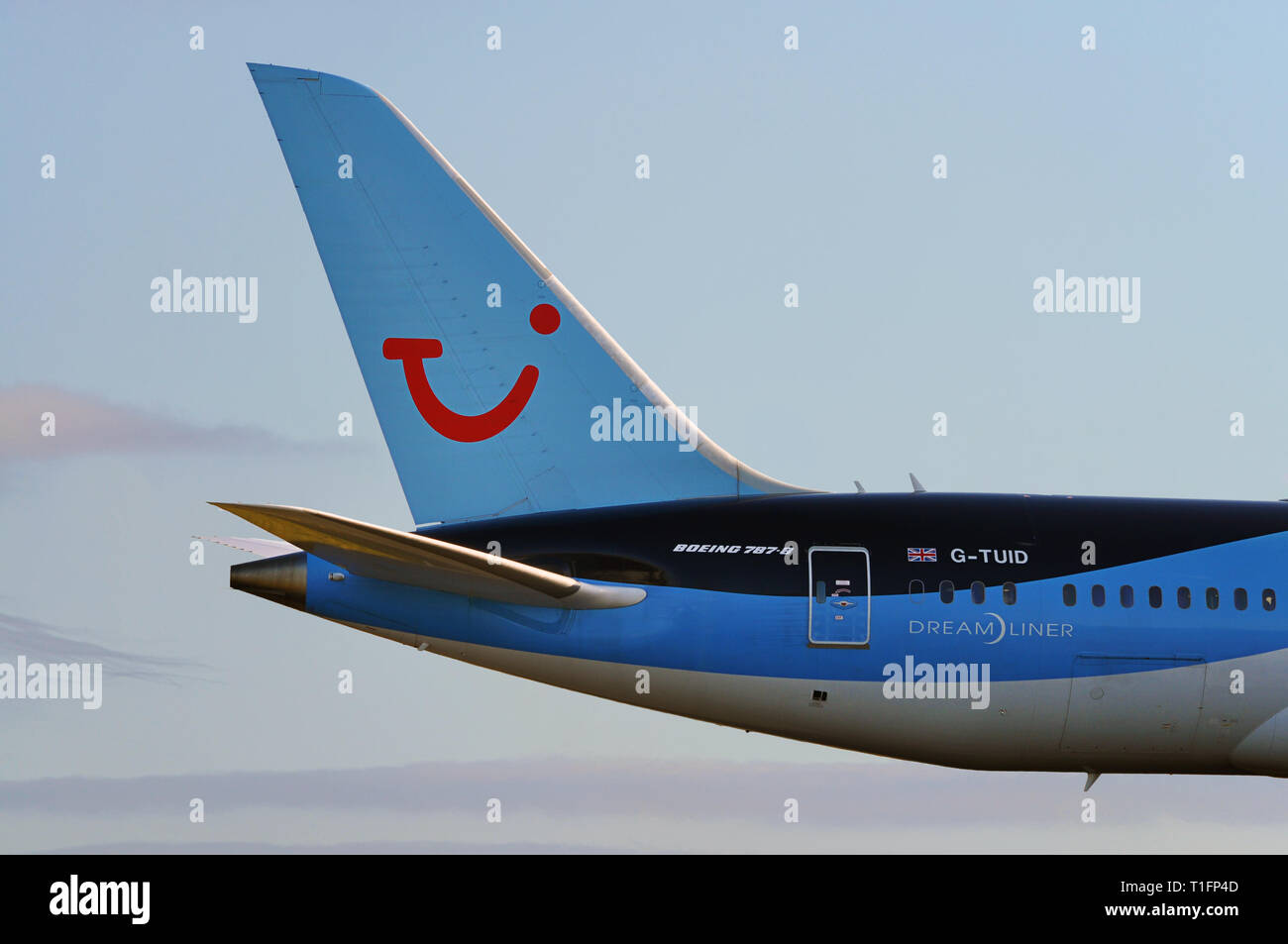 Manchester Airport, United Kingdom - January 8, 2018: TUI Airways Boeing 787-8 MSN 36424 G-TUID moments after take off. Stock Photo
