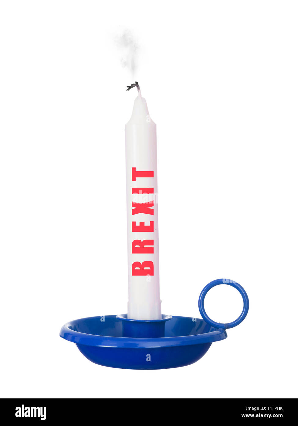 Brexit hopes dashed. Snuffed out white domestic candle, isolated on white background. Extinguished. Stock Photo